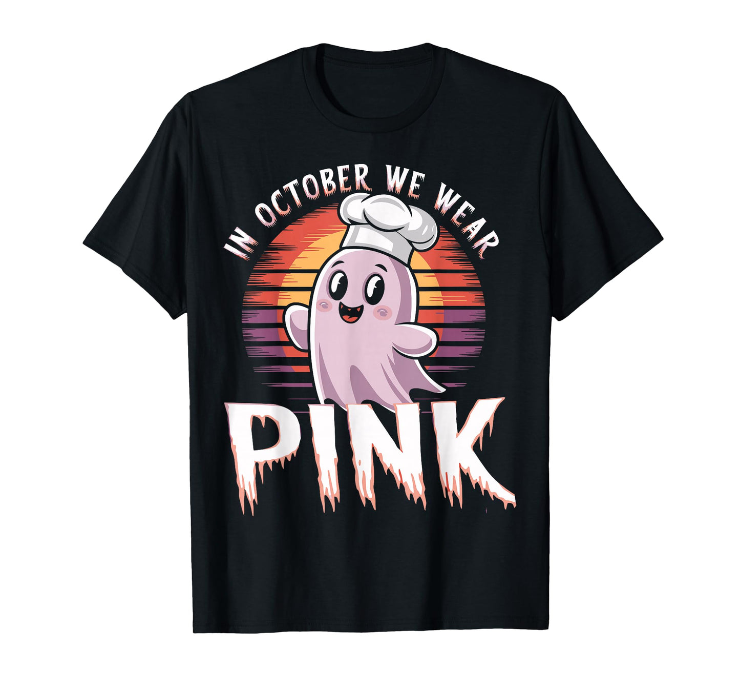 in October We Wear Pink Ghost Witch Breast Cancer Awareness T-Shirt