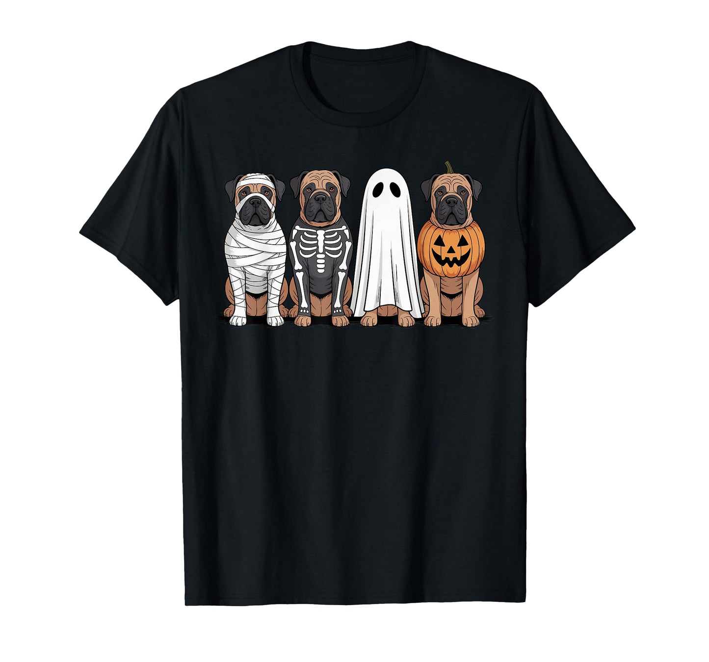 Spooky Ghost Bullmastiff Pumpkin Halloween Dog Skeleton T-Shirt