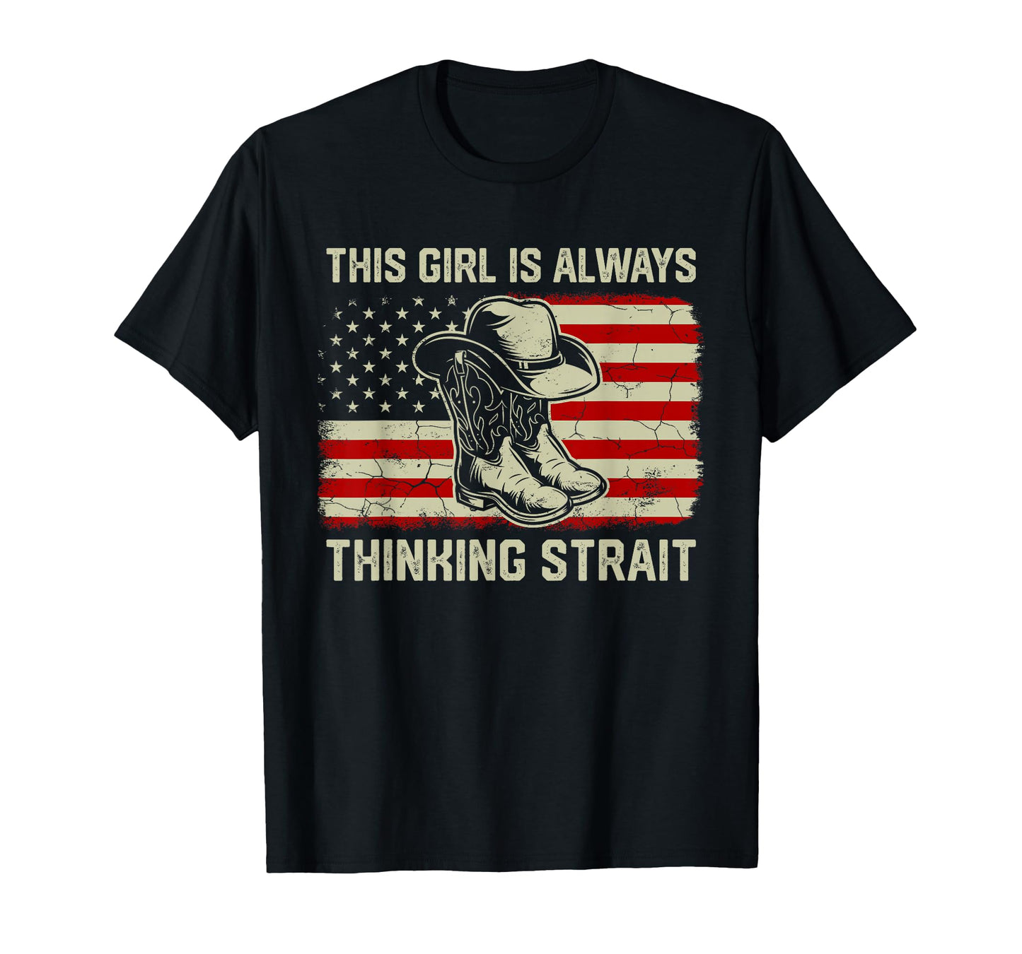 This Girl Is Always Thinking Strait US Flag Cowgirl Western T-Shirt