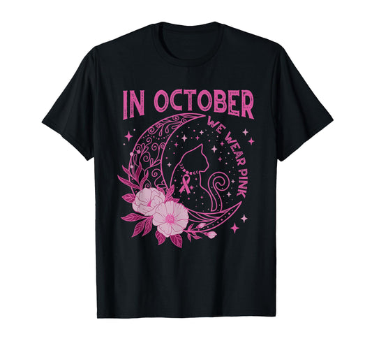 In October We Wear Pink Flower Cat Moon Graphic Tee Women T-Shirt