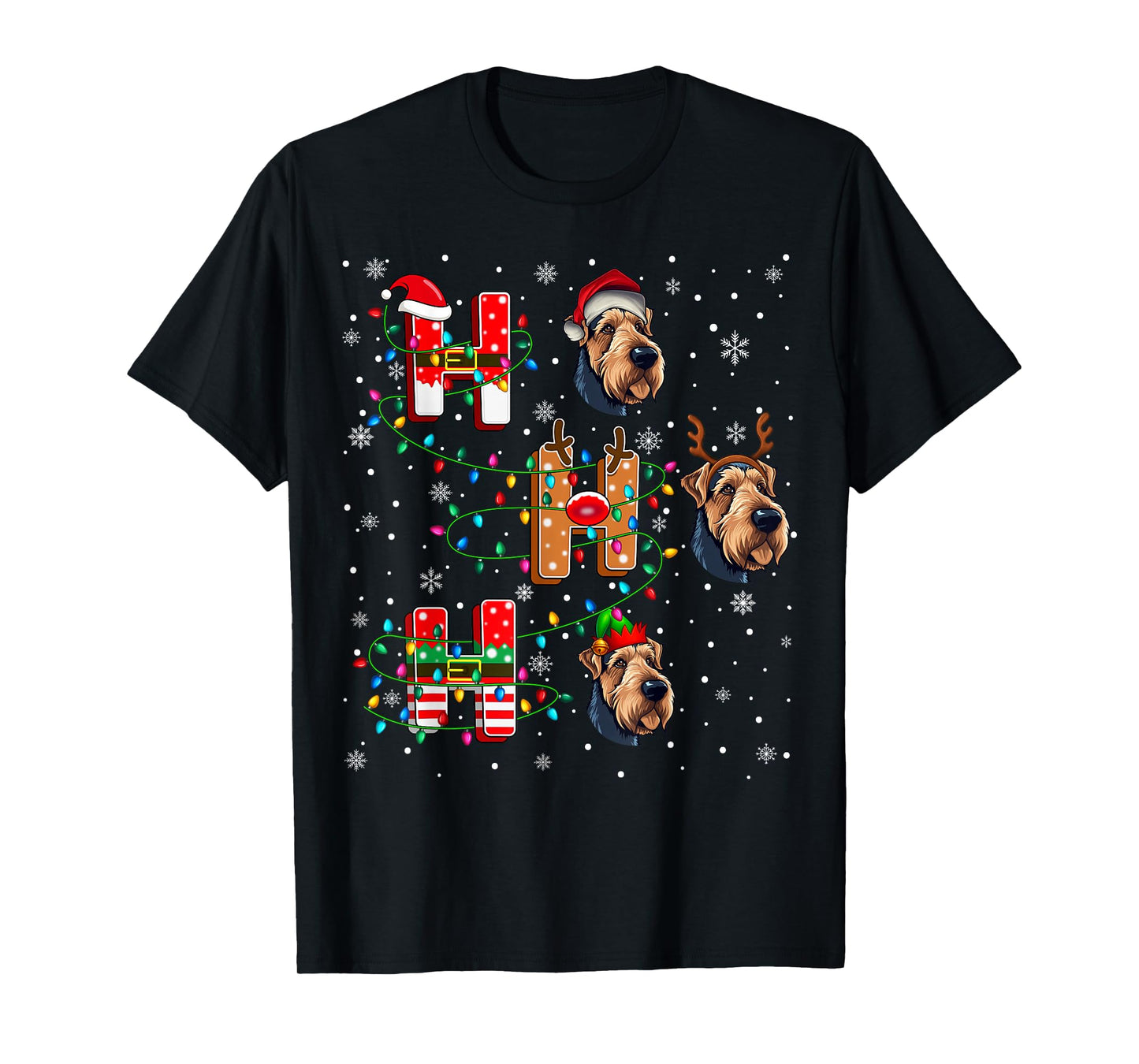 Ho Ho Ho Santa Reindeer Hat Elf Matching Airedale Dog Xmas T-Shirt