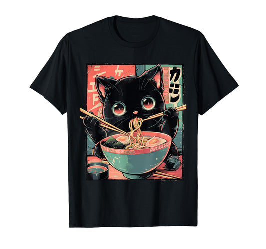 Cute Cat Eating Ramen Anime Japanese Culture T-Shirt