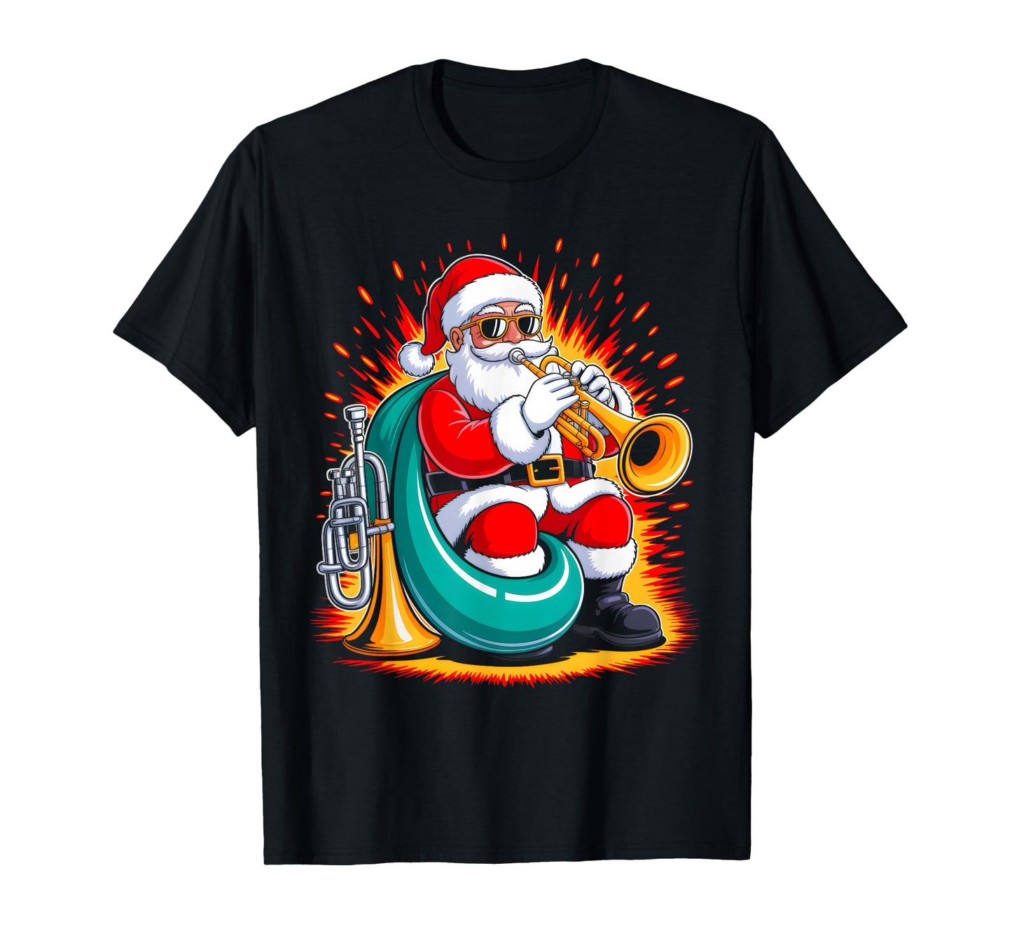 Tumpet Santa Playing Drums Funny Christmas Music Lover Boys T-Shirt