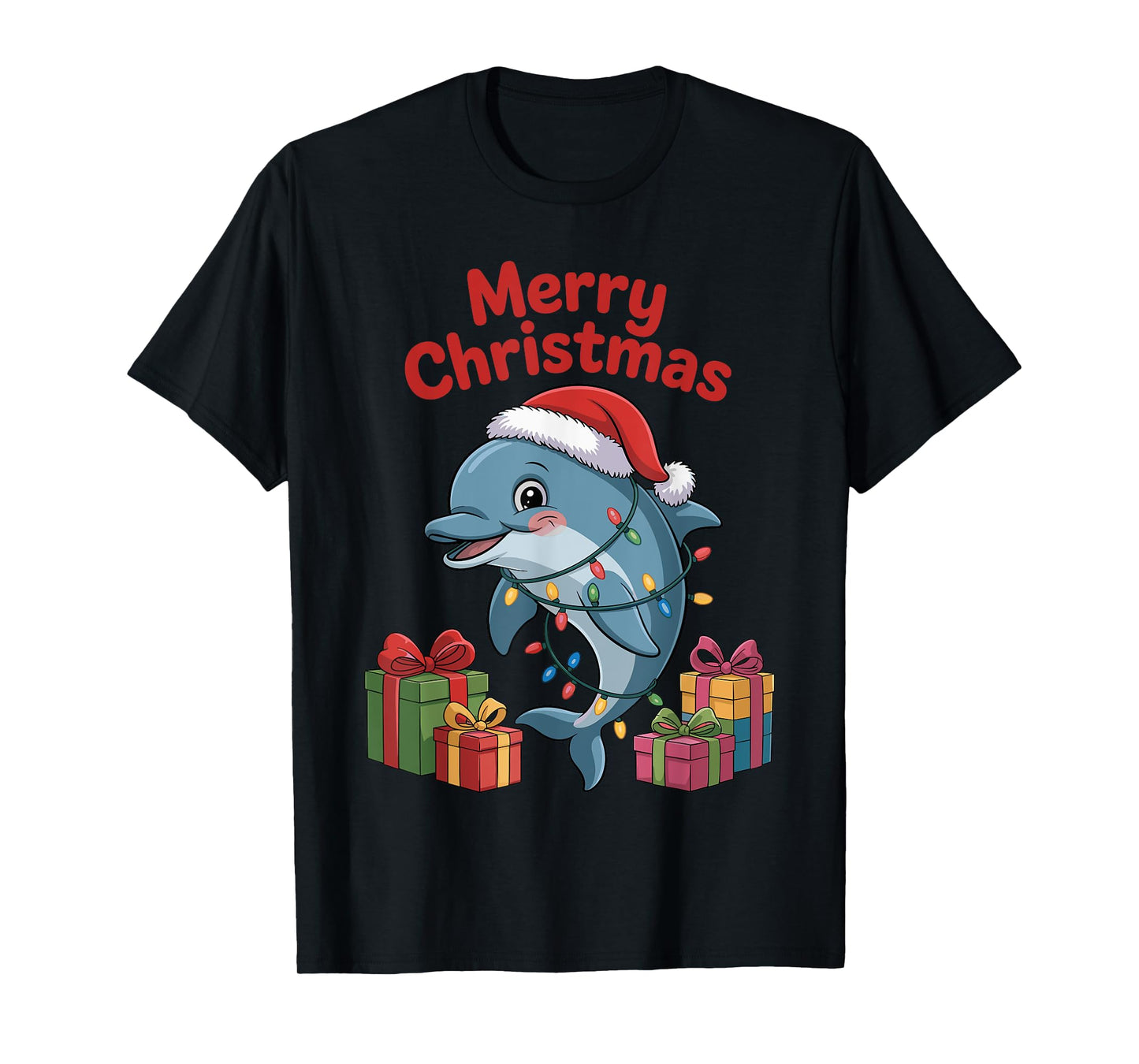 Funny Dolphin Santa Hat Animals Lovers Ugly Christmas Pajama T-Shirt