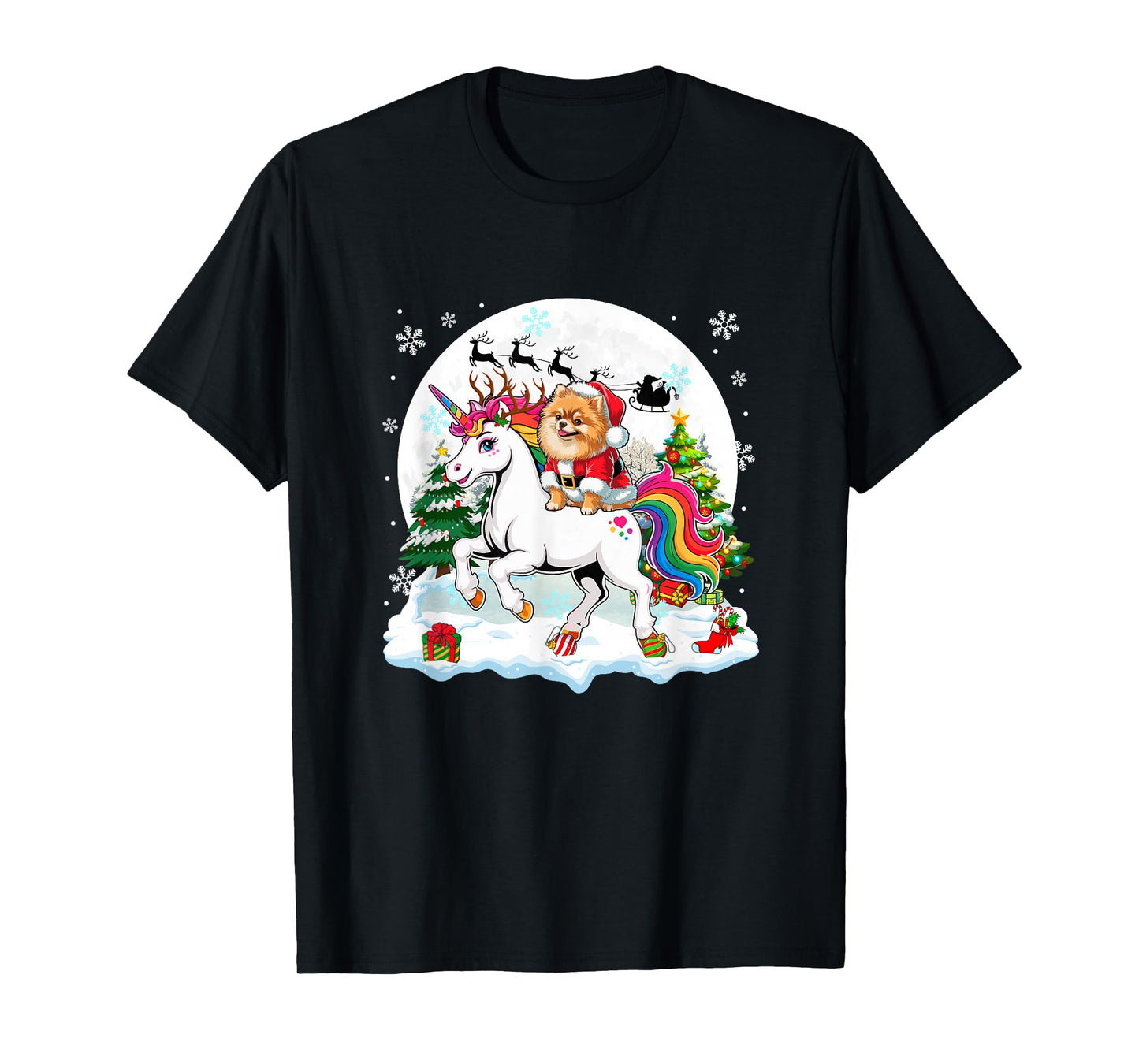 Santa Pomeranian Riding Unicorn Reindeer Christmas Owner T-Shirt