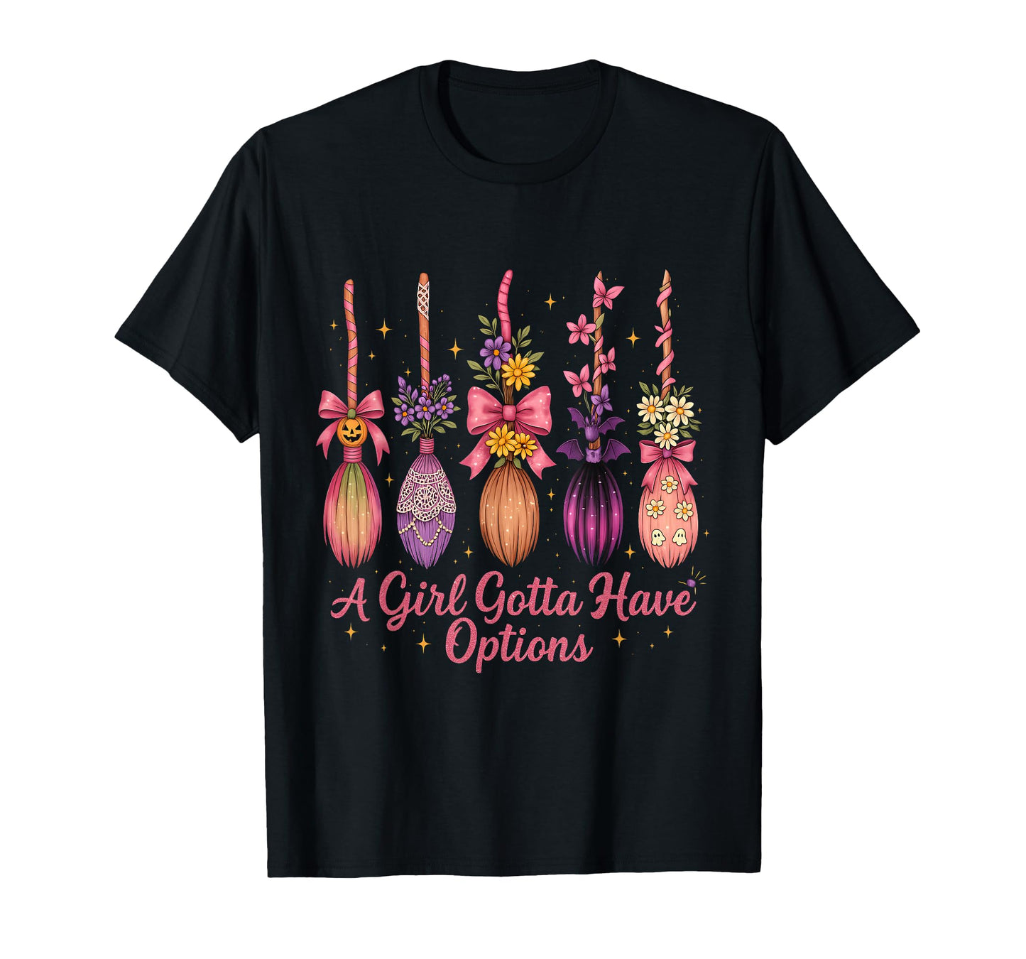 Girly Witch Brooms Cute Halloween Floral Magic Graphic T-Shirt