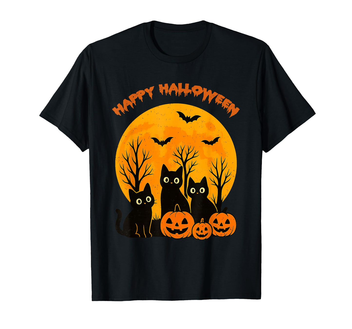 Black Cat Pumpkin Moon Bats Happy Halloween Kitten Lover T-Shirt