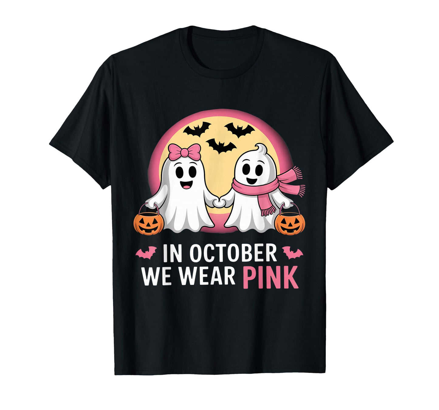 in October We Wear Pink Ghost Witch Breast Cancer Awareness T-Shirt