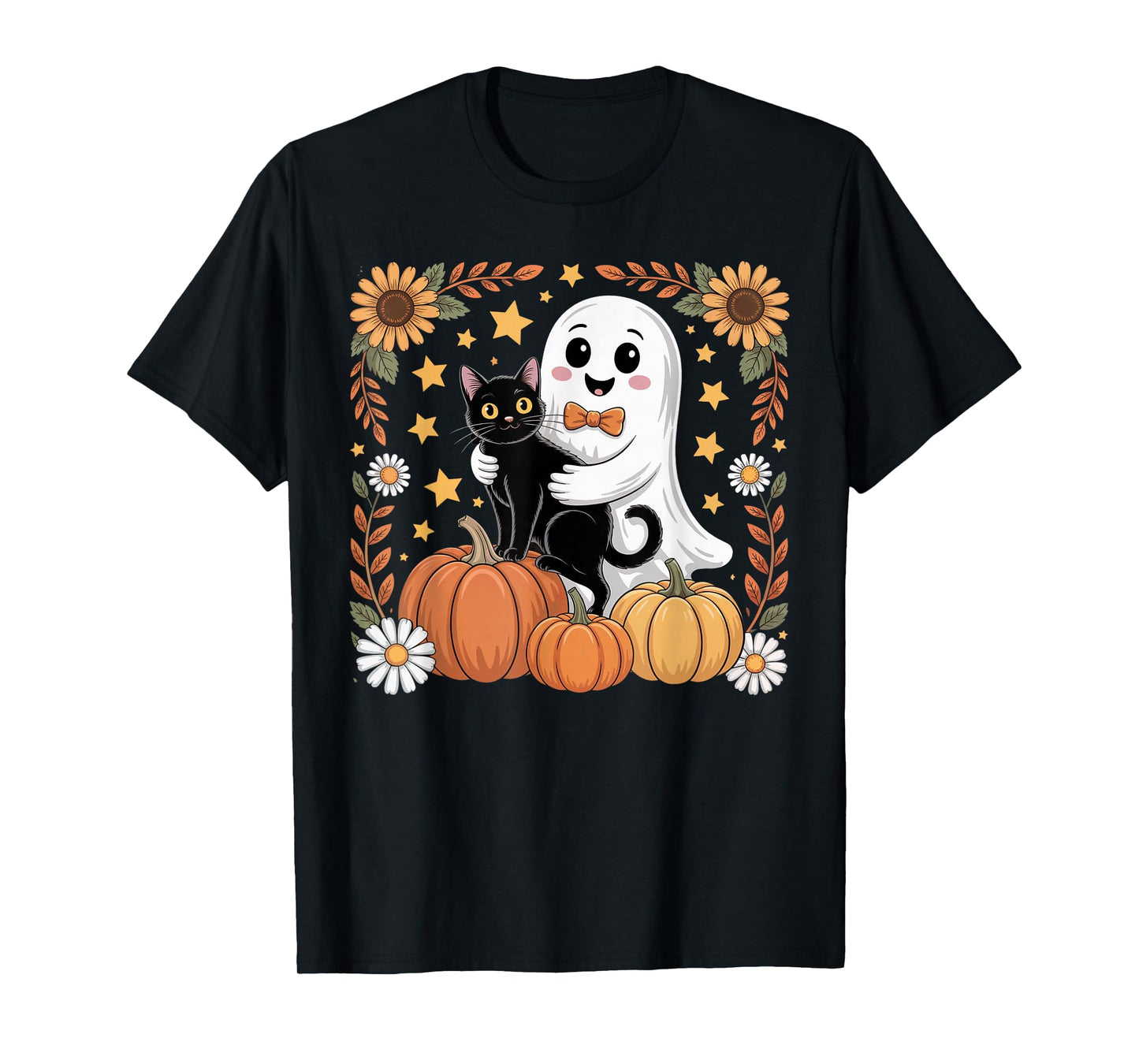 Womens Halloween Ghost Black Cat Ghost Halloween Girls T-Shirt
