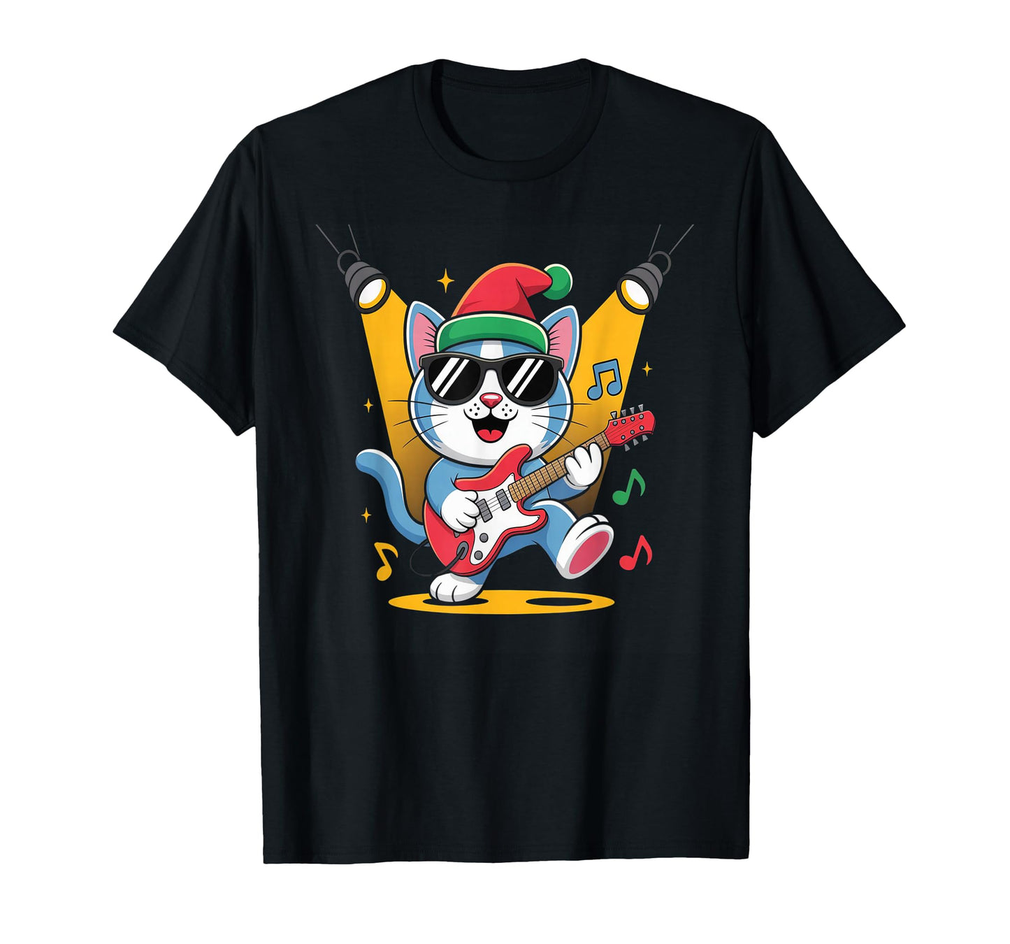 Christmas Santa Hat Cat Playing Guitar Rock and Roll T-Shirt