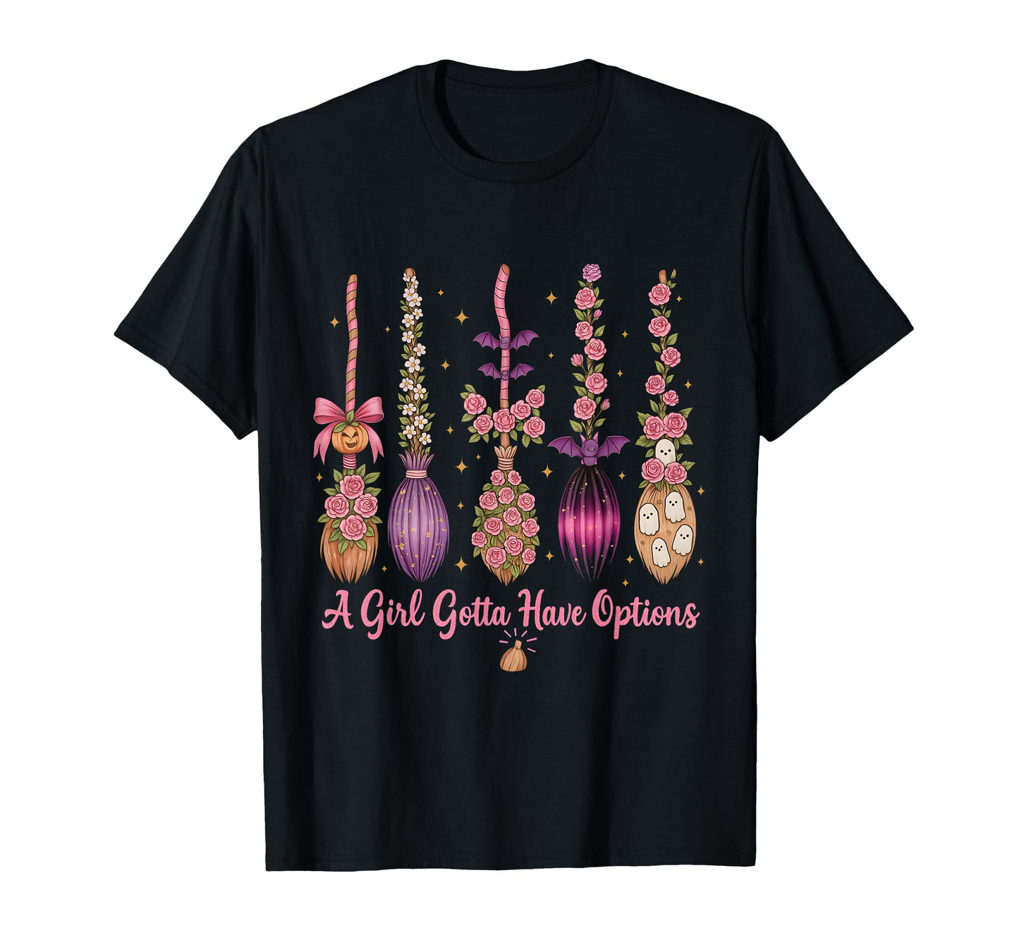 Cute Witch Broom Variety Halloween Floral Funny Graphic T-Shirt