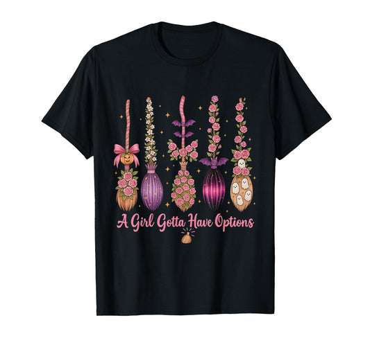 Cute Witch Broom Variety Halloween Floral Funny Graphic T-Shirt