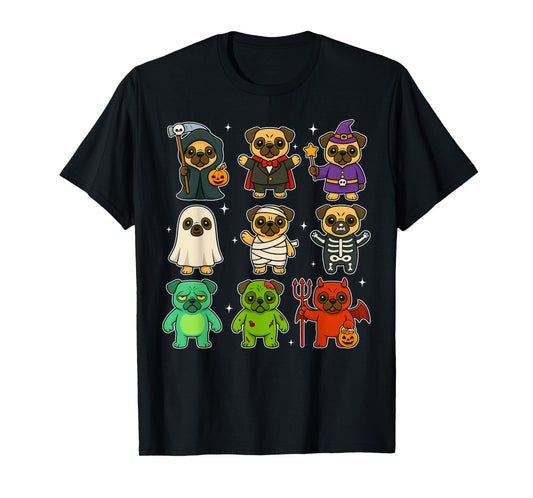 Cute Pug Dogs Witch Pumpkin Skeleton Costume Happy Halloween T-Shirt
