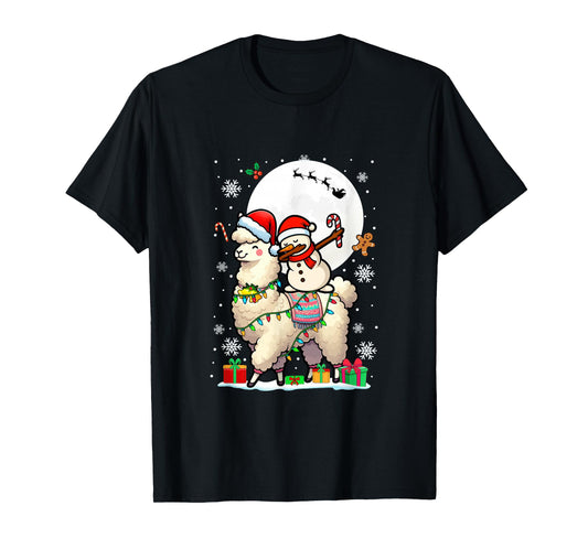 Dabbing Snowman On Llama Christmas Santa Colorful Lights T-Shirt
