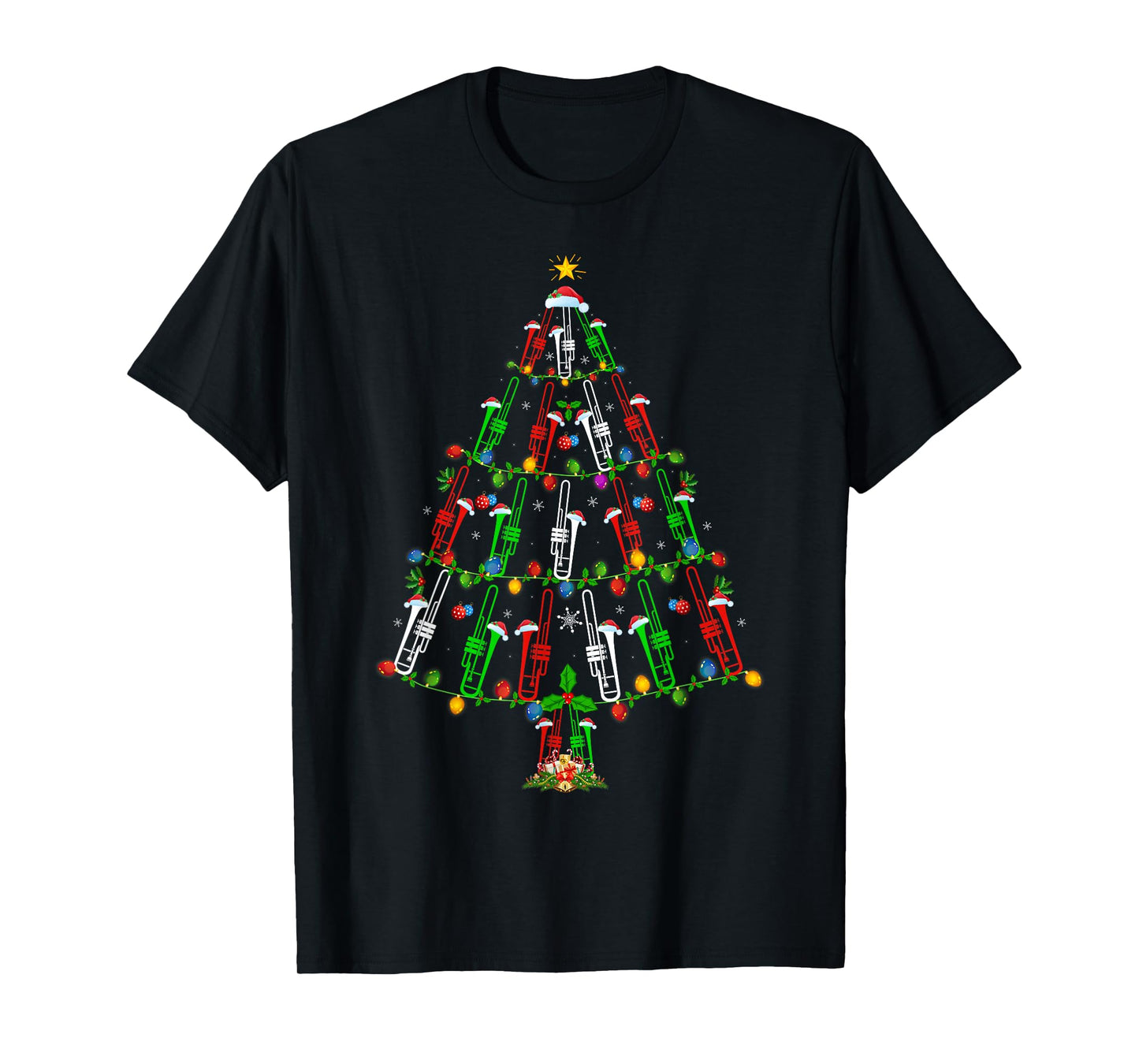 Trombone Christmas Tree Lights Music Lover Musical Xmas T-Shirt