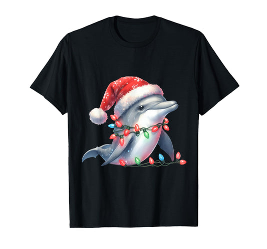 Dolphin Christmas Lights Funny Santa Hat Merry Xmas T-Shirt
