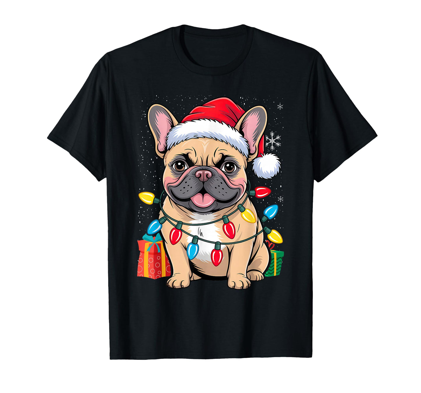 Frenchie Santa Hat & Christmas Lights Cute French Bulldog T-Shirt