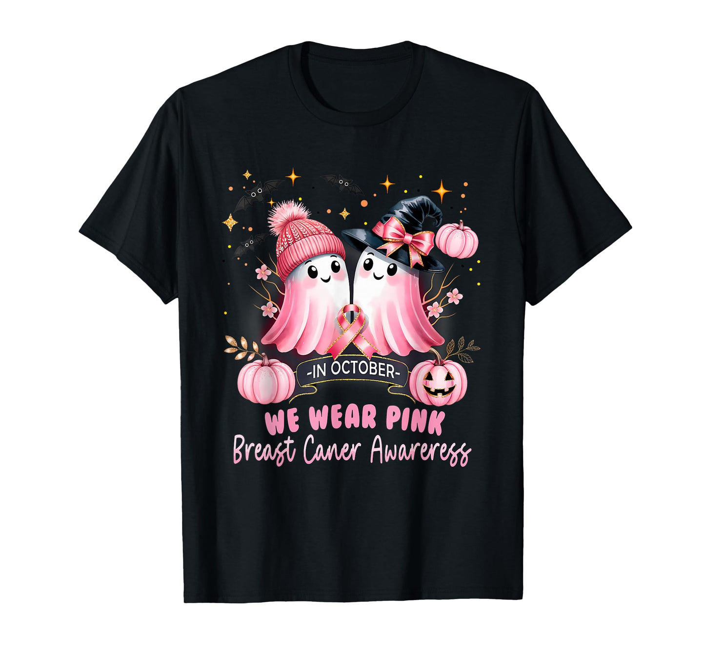 in October We Wear Pink Ghost Witch Breast Cancer Awareness T-Shirt