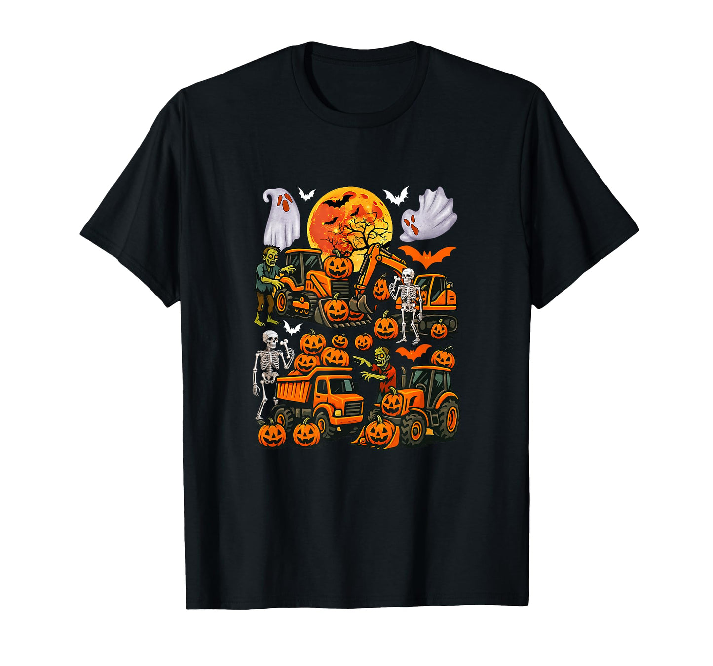 Squad Construction Trucks Excavators Halloween Boo Skeletons T-Shirt