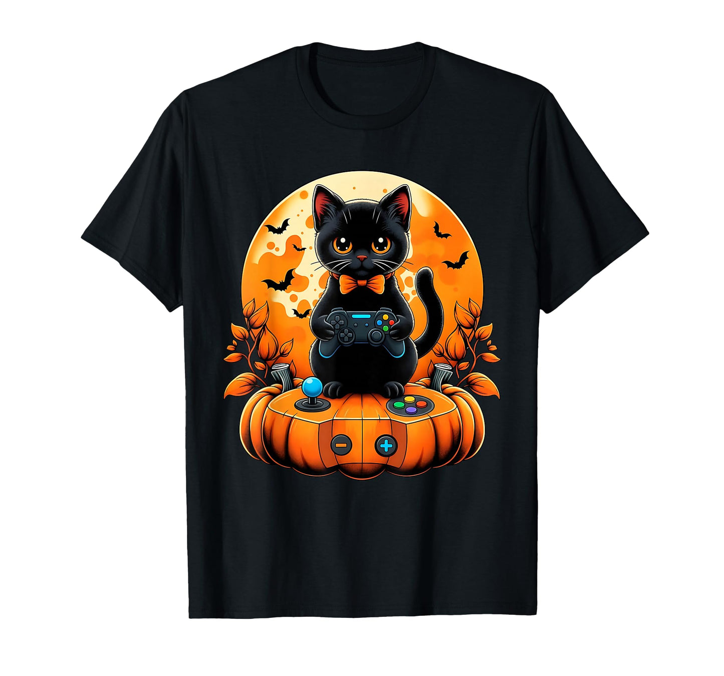 Retro Black Cat Halloween Gaming Fall Autumn Pumpkin Spooky T-Shirt