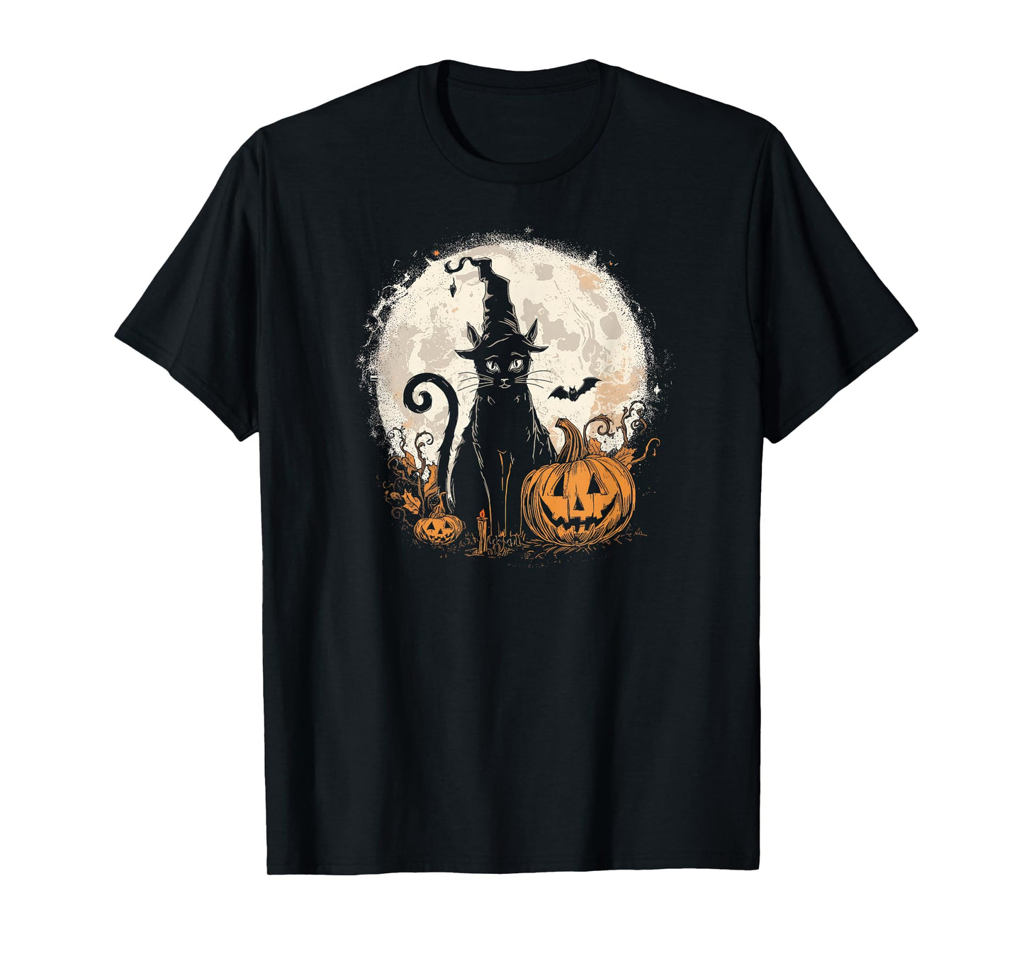 Spooky Cat, in a Witch hat, Carved Pumpkin and Full Moon T-Shirt