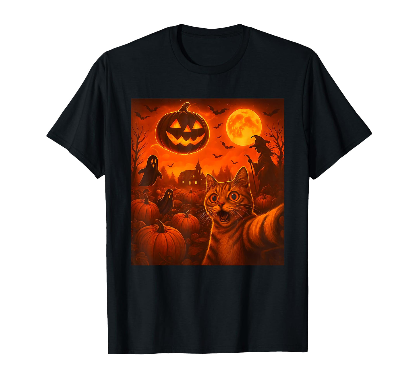 Funny Halloween Cat Selfie Pumpkin Ghost T-Shirt