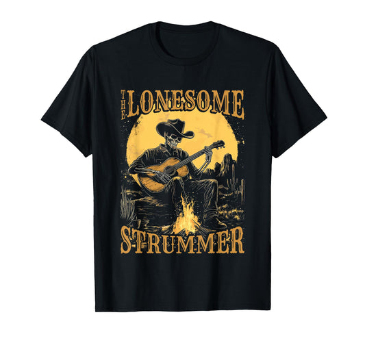 The Lonesome Strummer Acoustic Guitar Playing Skeleton T-Shirt