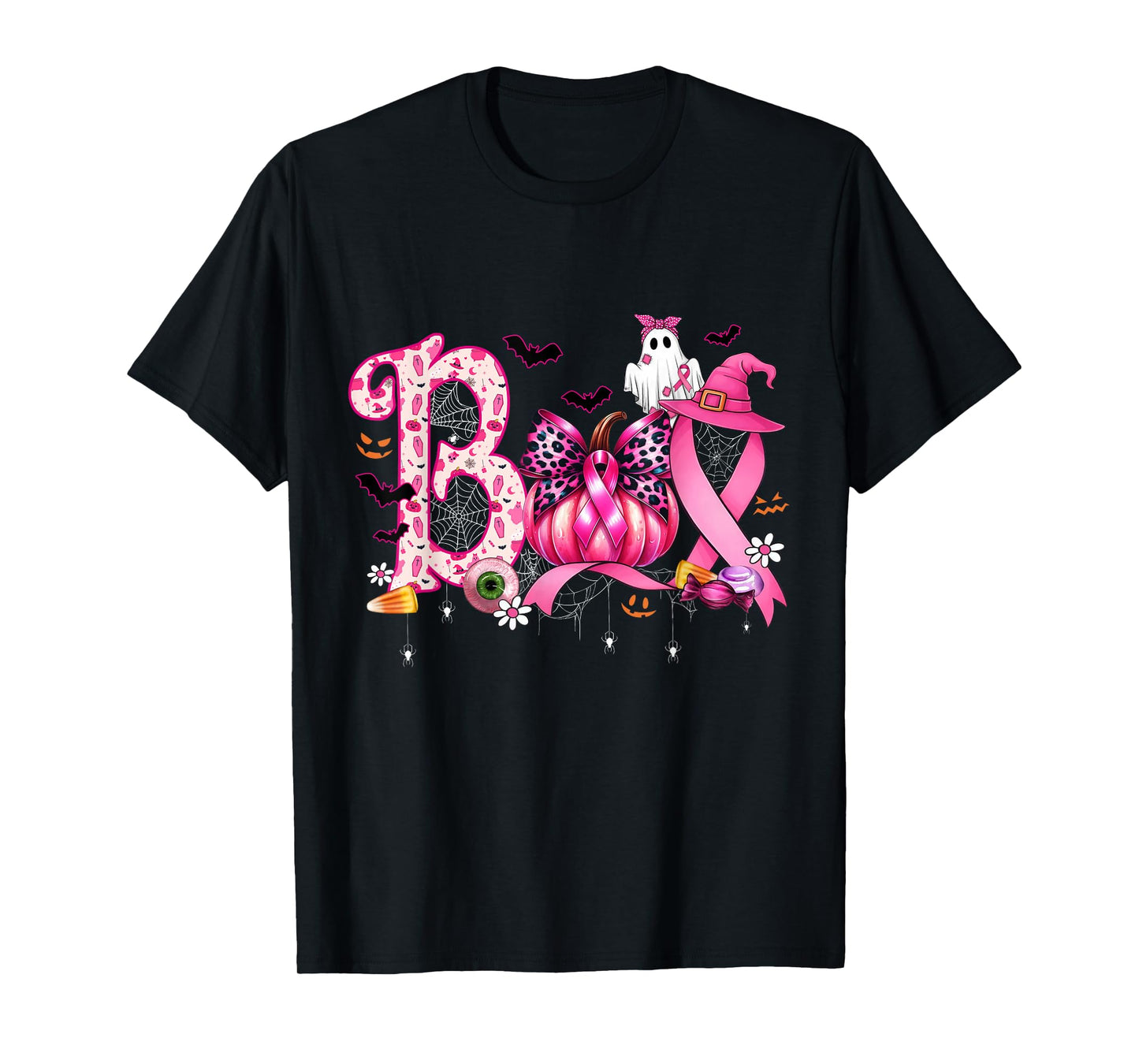 Boo Halloween Pumpkin Pink Ribbon Witch Breast Cancer T-Shirt