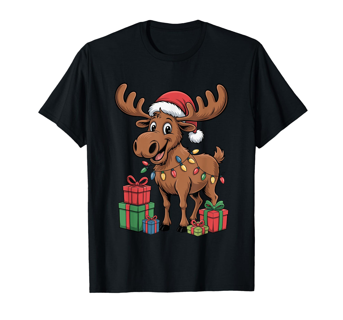 Funny Moose Santa Hat Animals Lovers Ugly Christmas Pajamas T-Shirt