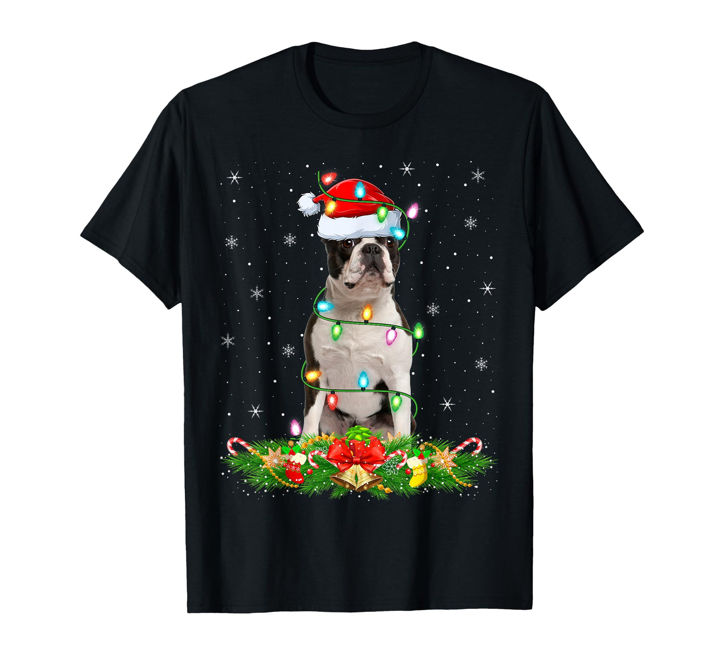 Boston Terrier Dog Christmas Lights Funny Santa Hat Xmas T-Shirt