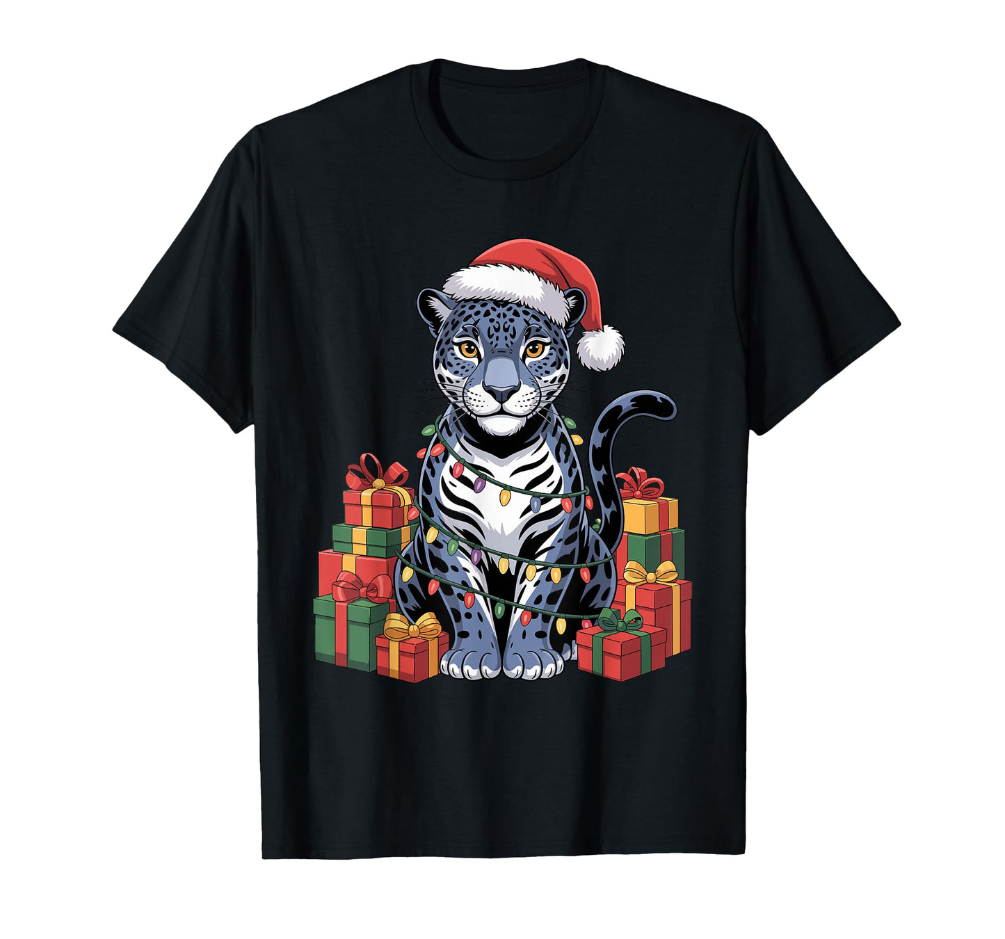 Funny Jaguar Santa Hat Animals Lovers Ugly Christmas Pajamas T-Shirt