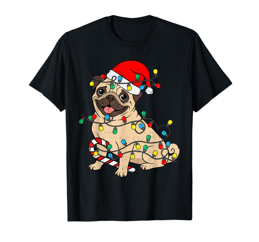 Cute Pug Christmas Lights Santa Pajama Xmas Pet Dog Lover T-Shirt