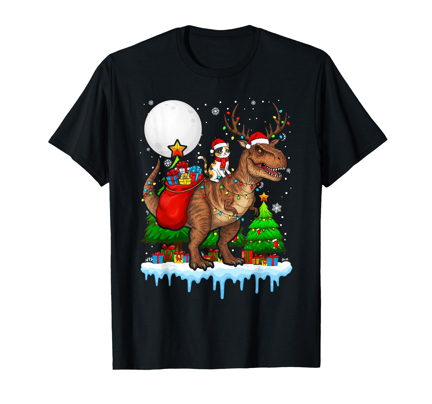 Cat Santa Hat Riding Dinosaur T rex Moon Christmas Xmas T-Shirt