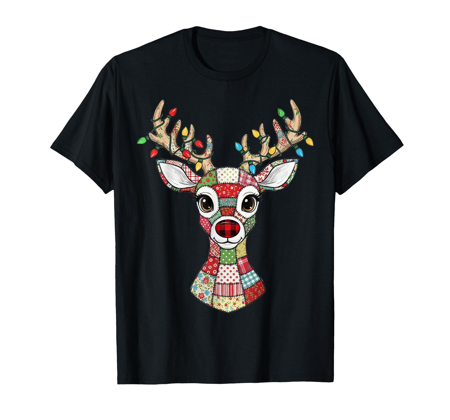 Patchwork Rudolph Christmas Deer Lights Vintage Retro T-Shirt