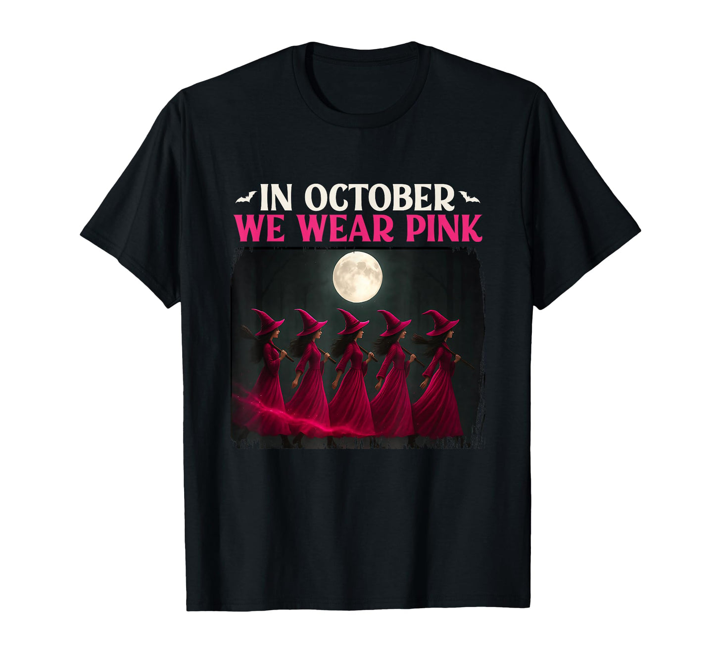 in October We Wear Pink Witch Breast Cancer Halloween Retro T-Shirt