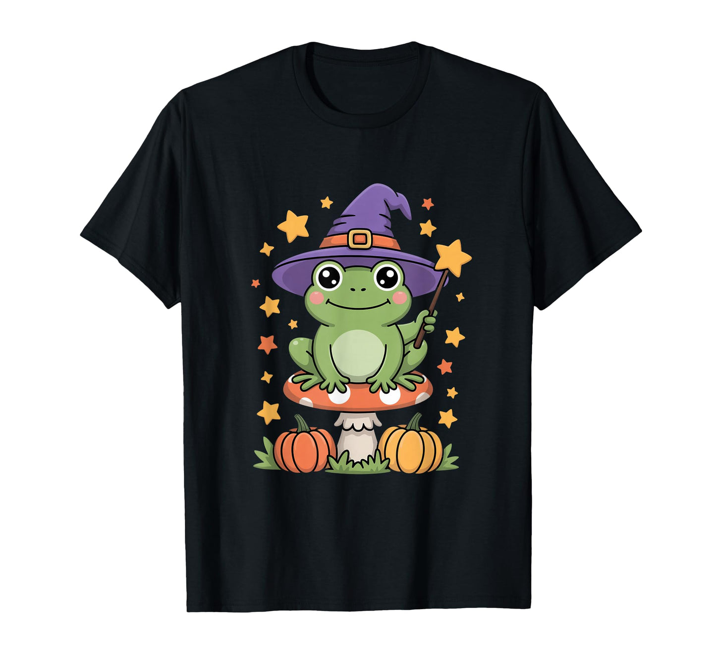 Cute Frog Witch On Mushroom with Pumpkins and Stars T-Shirt