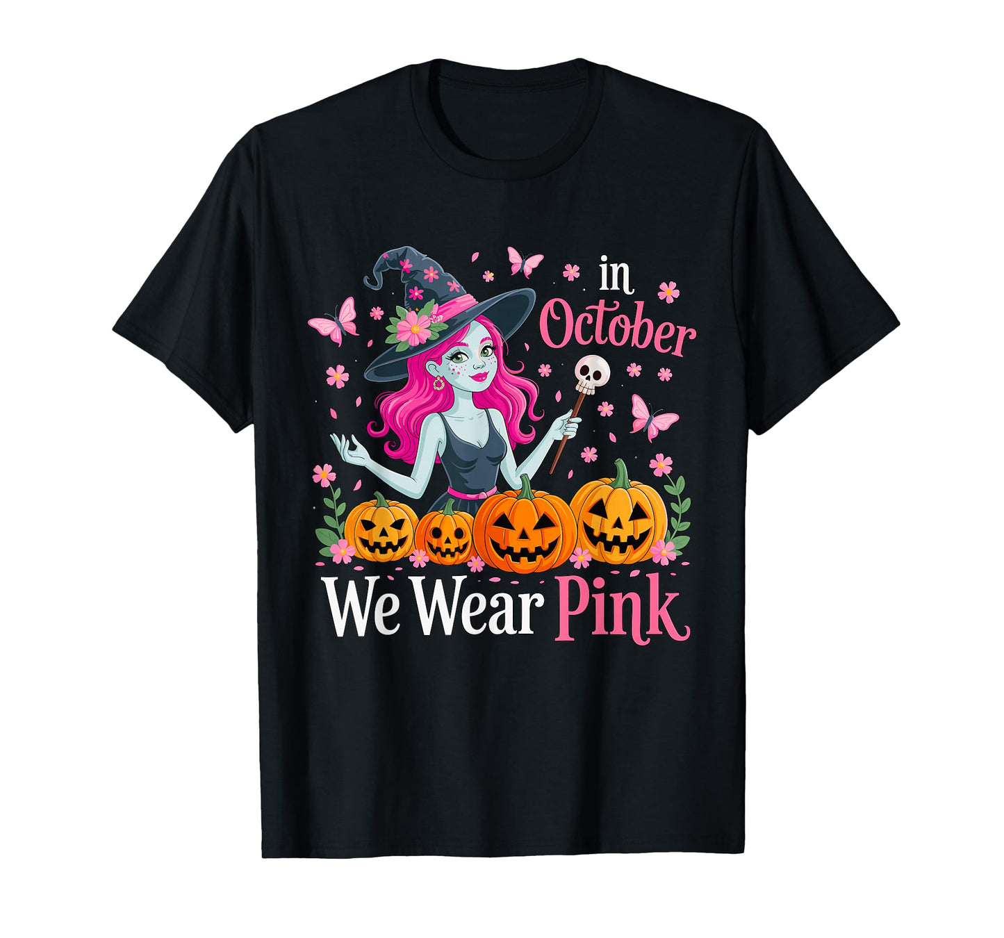 in October We Wear Pink Breast Cancer Witch Halloween T-Shirt