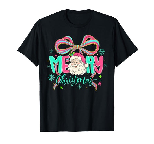 Coquette Bow Merry Christmas Xmas Santa Snowflake Holiday T-Shirt