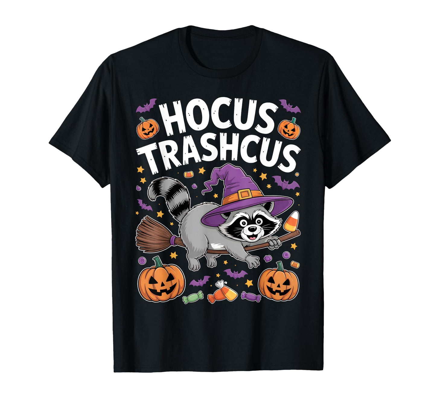 Hocus Trashcus Raccoon Witch Hat Broom Pumpkin Bat Halloween T-Shirt