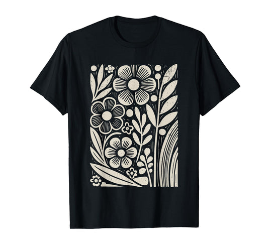 Botanical Floral Line Art Minimalist Nature Linocut Print T-Shirt