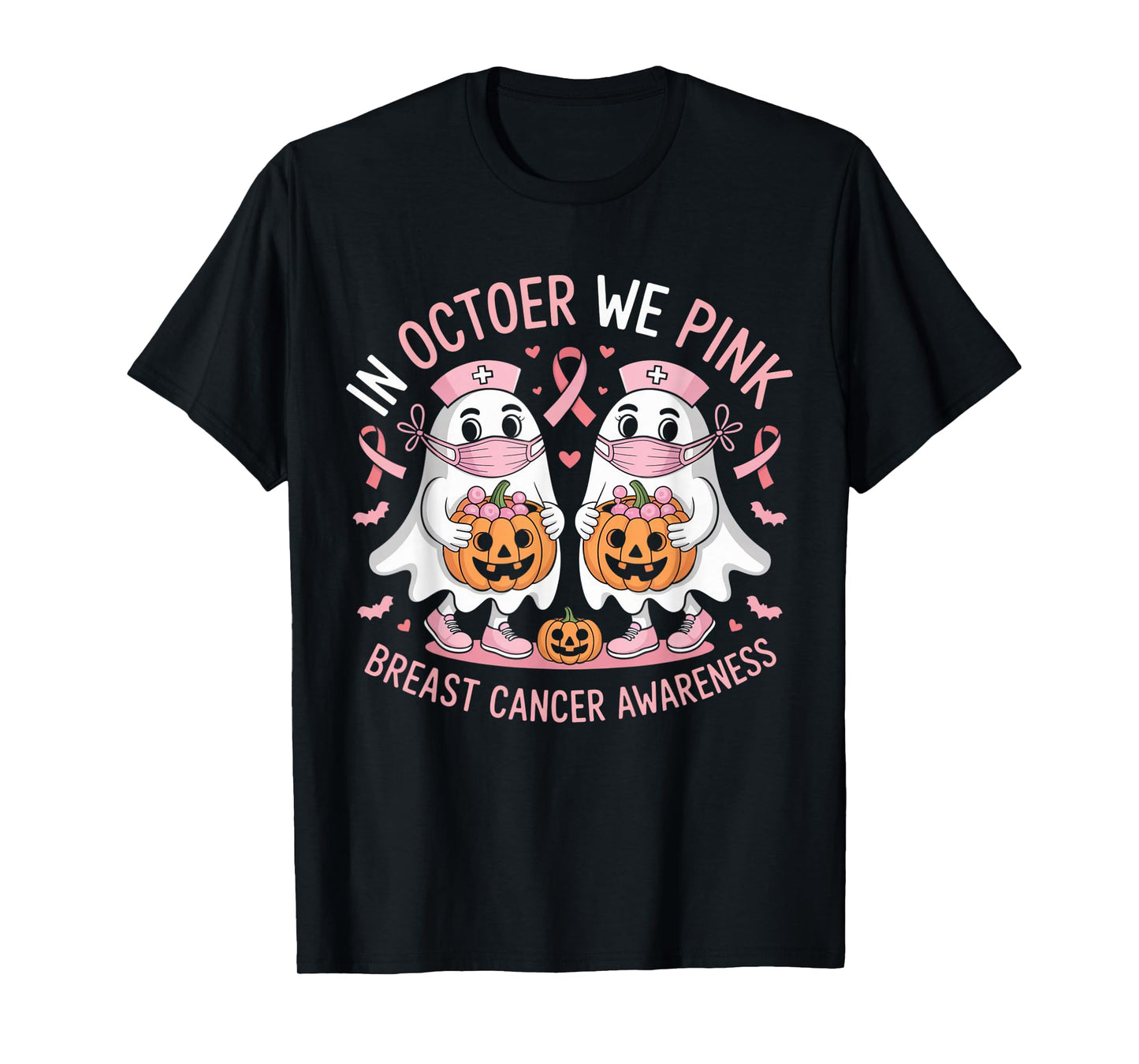 in October We Wear Pink Ghost Witch Breast Cancer Awareness T-Shirt