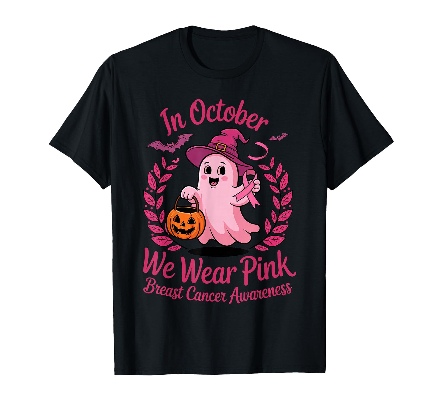 Breast Cancer Awareness Cute Ghost Witch Pink Ribbon Support T-Shirt