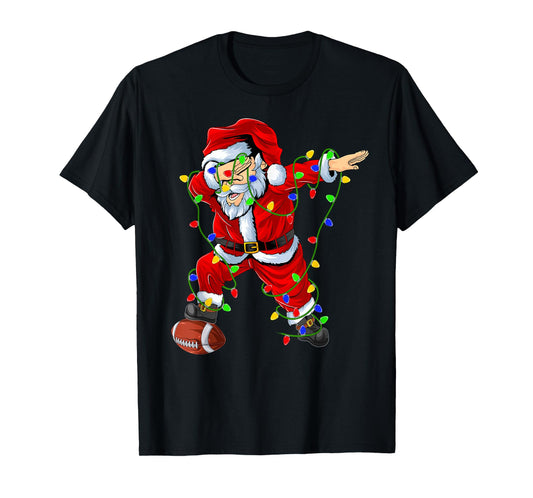 Dabbing Santa Football Christmas Lights Sporty Player Xmas T-Shirt