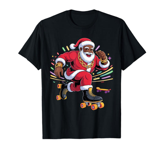 Afro Santa Skating African American Christmas Funny Holiday T-Shirt
