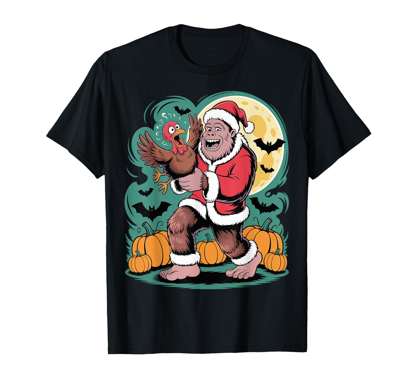 Funny Bigfoot Santa Turkey Halloween Christmas T-Shirt
