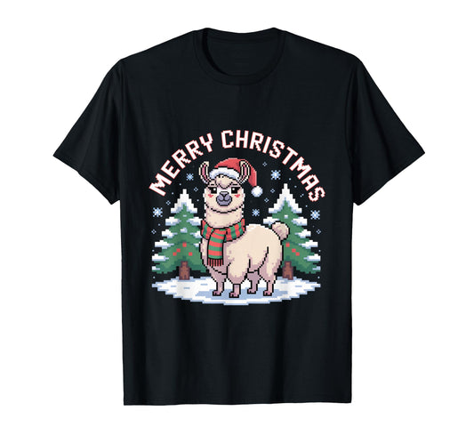 Merry Christmas Llama Pixel Art Ugly Sweater Style Holiday T-Shirt