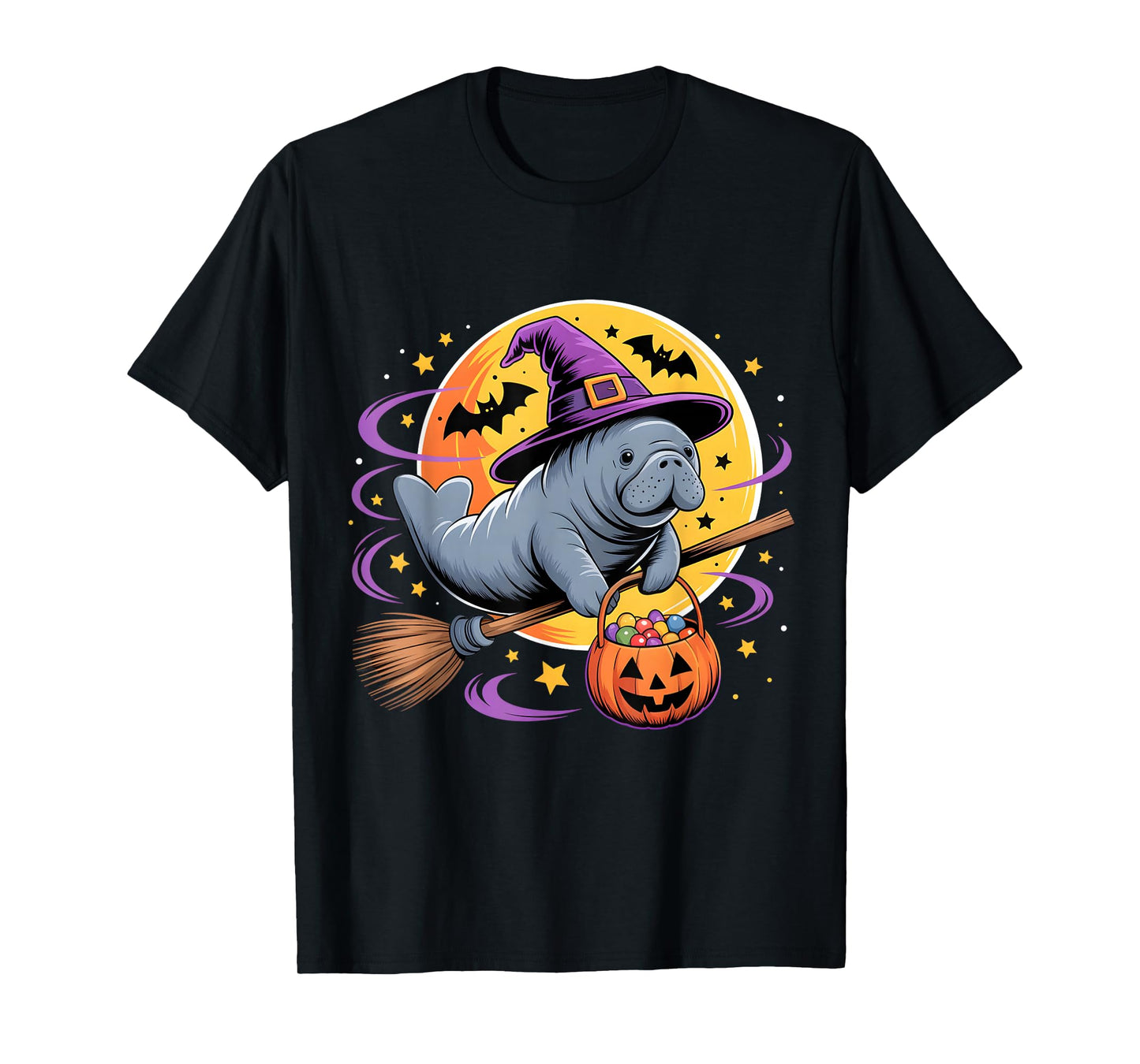 Cute Funny Manatee Witch Flying Broom Halloween Costume Men T-Shirt