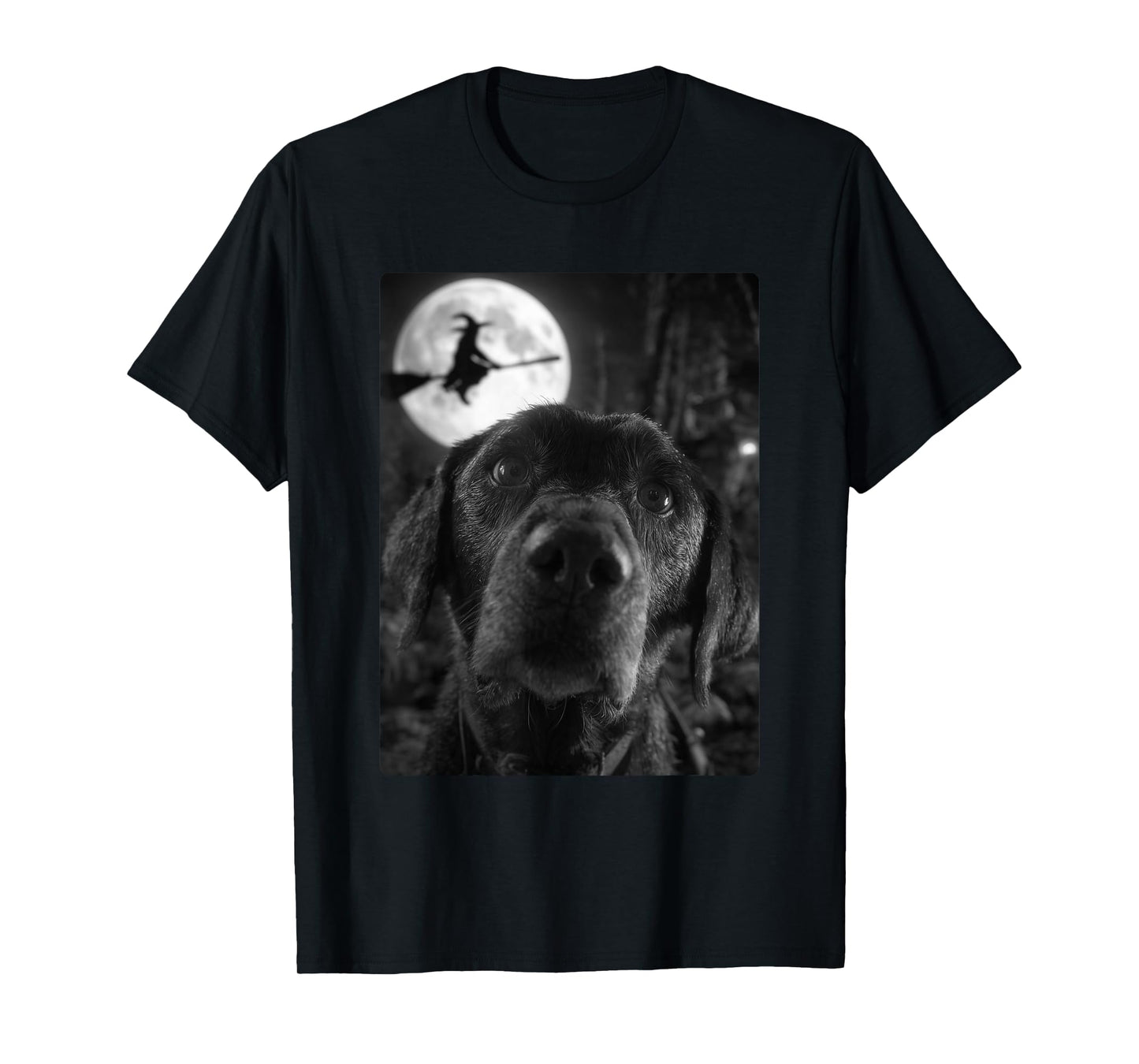 Funny Labrador Selfie Full Moon Flying Witch Halloween Dog T-Shirt
