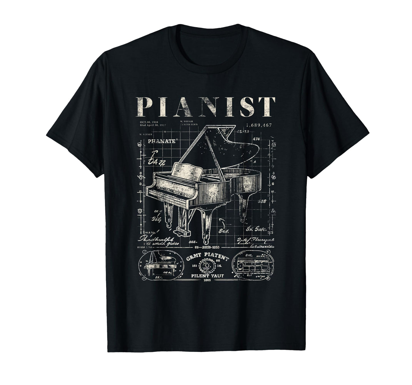 Old Grand Piano Shirt Vintage Patent Drawing Print Pianist T-Shirt