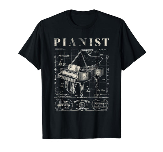 Old Grand Piano Shirt Vintage Patent Drawing Print Pianist T-Shirt